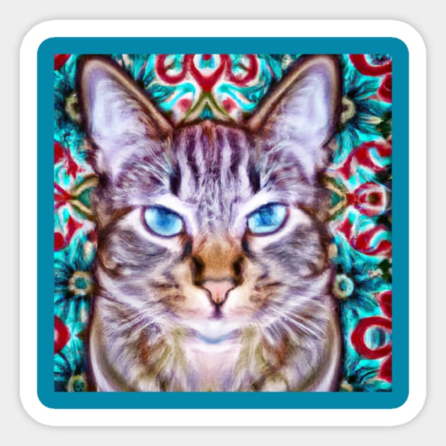 Tabby Cat Against a Colorful Pattern Sticker by Star Scrunch